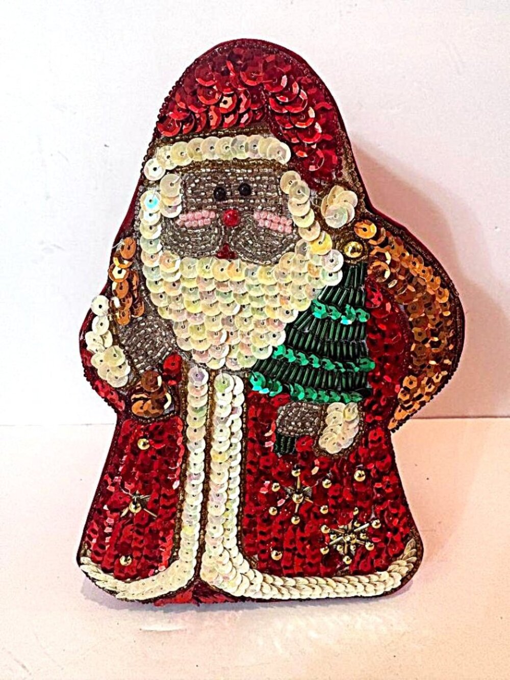 Vintage MCM Christmas Santa Sequin & Beaded Red Satin Gift Keepsake Trinket Box